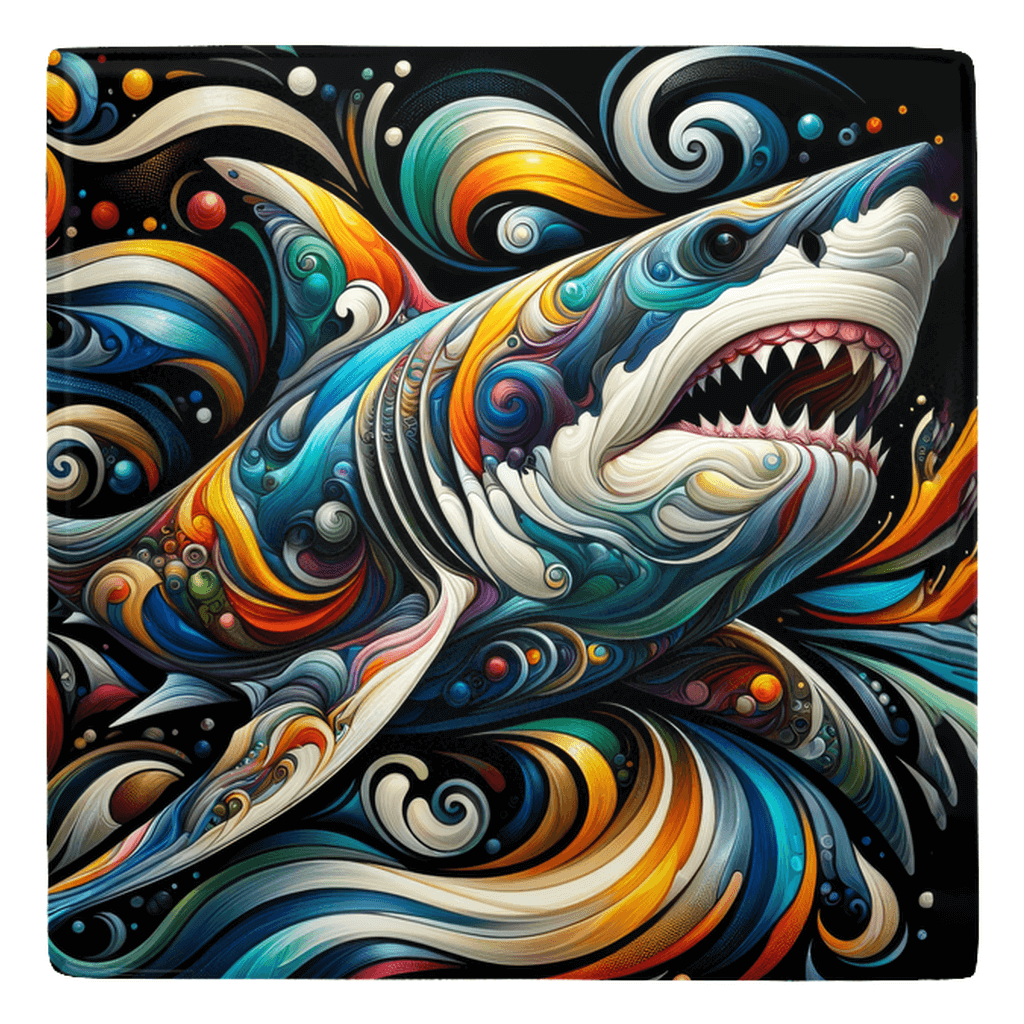 Vibrant fish décor abstract showing swirling colors and shark design, perfect for fun fridge magnets or fish shaped magnets collection.