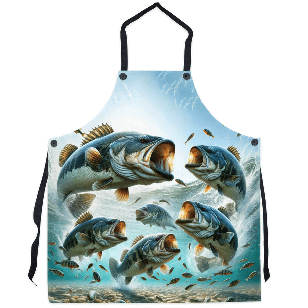 Largemouth Bass Apron with vibrant fish design, perfect for fishing enthusiasts and fun kitchen wear