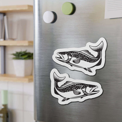 Brown Trout fish-shaped magnets on refrigerator, perfect for fish décor and fun kitchen magnets.