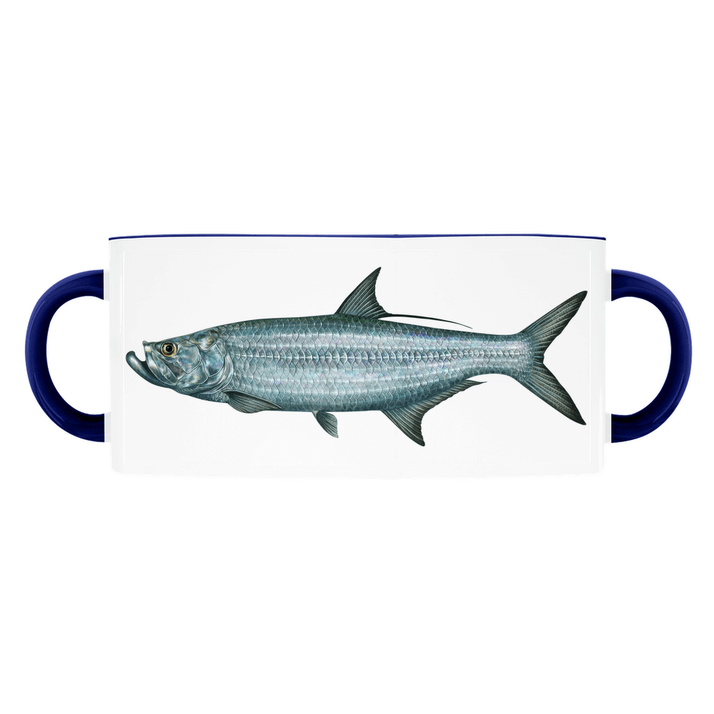 Double-handled mug with a detailed tarpon fish illustration on a white background.