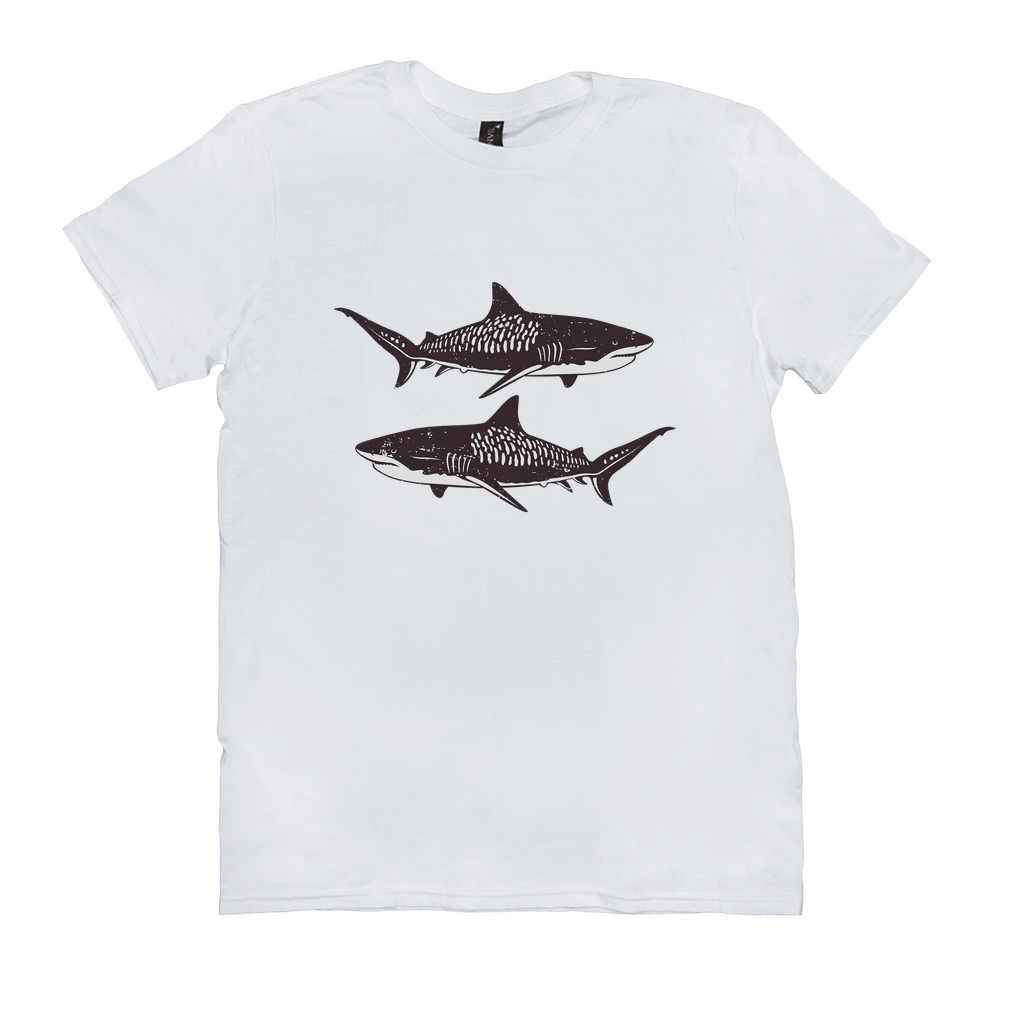 White cotton T-shirt with bold black and white Tiger Shark design, ideal for fishing and angling enthusiasts.