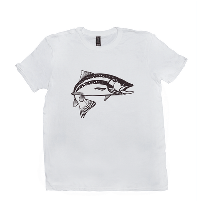 White T-Shirt with Black and White Trout Design for Fishing and Angling Enthusiasts