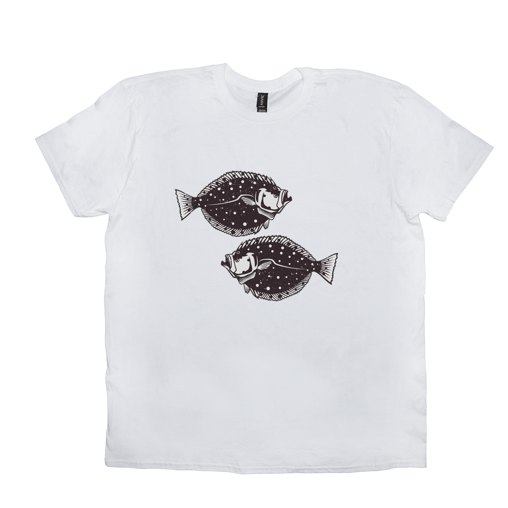 White Flounder T-Shirt featuring black and white fish design, perfect for fishing enthusiasts and sea lovers, made from 100% cotton.