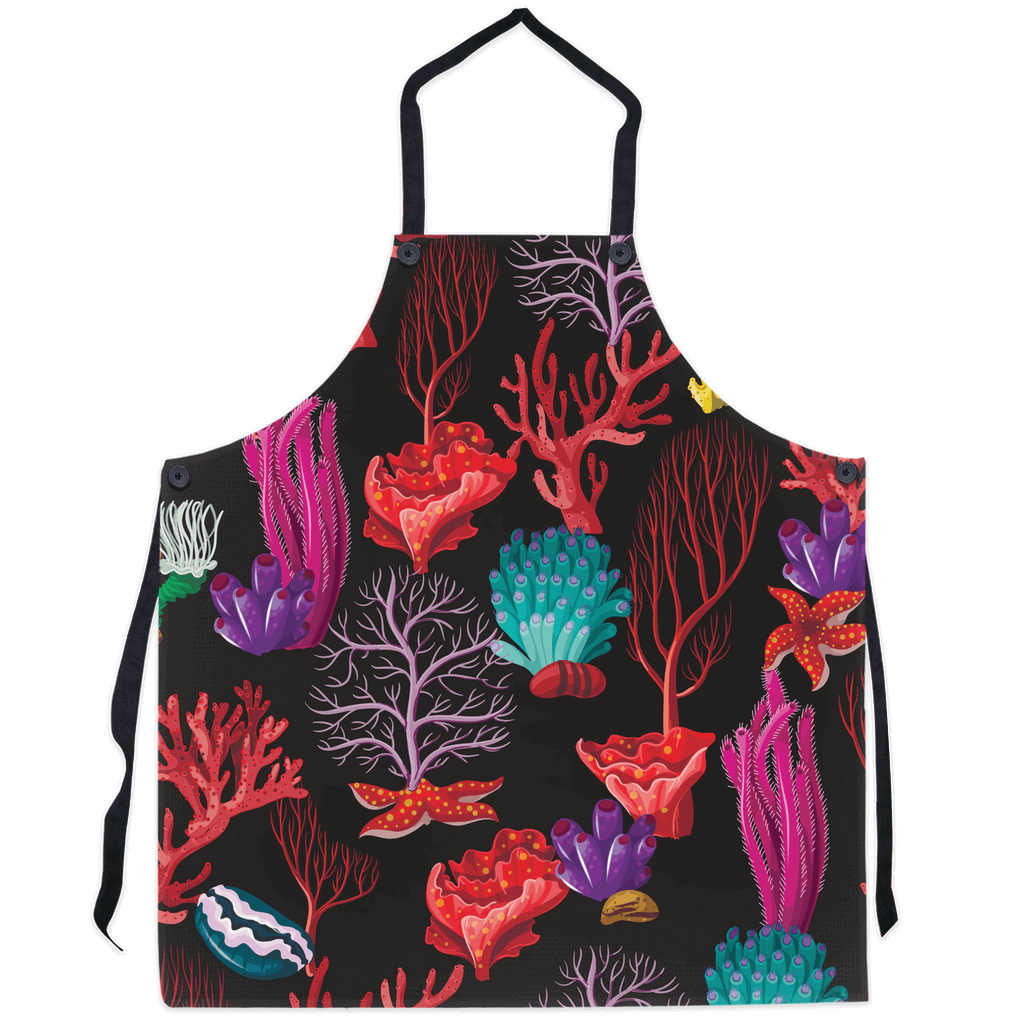 Colorful coral-themed apron with vibrant oceanic designs, perfect for adding a burst of underwater beauty to your kitchen attire.