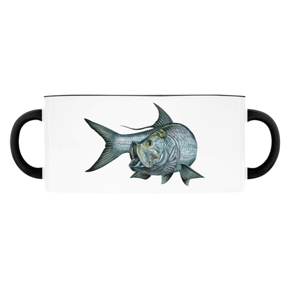 Ceramic mug with dual handles featuring a detailed fish illustration on a white background.