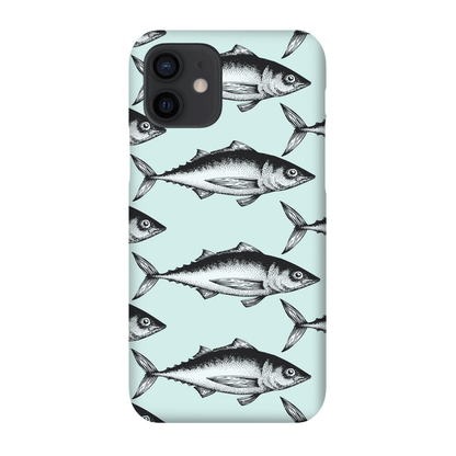 Stylish phone case with vintage fish pattern on a light turquoise background.