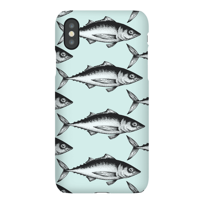 Stylish phone case with monochrome fish pattern on a light blue background.