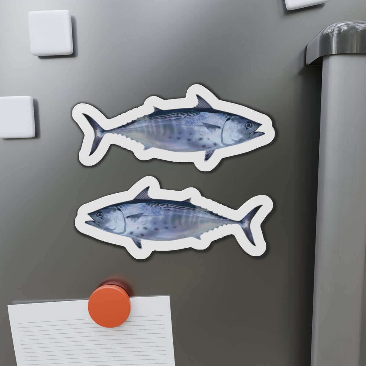 Little Tunny Tuna fish shaped magnets on fridge, showcasing fun fridge décor for fishing enthusiasts.