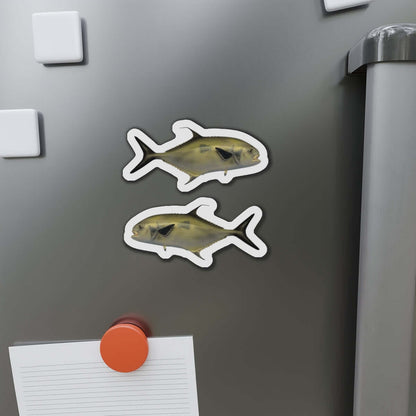 Florida Pompano fish shaped magnets on a fridge surface, perfect for fish décor and fun kitchen magnets enthusiasts.