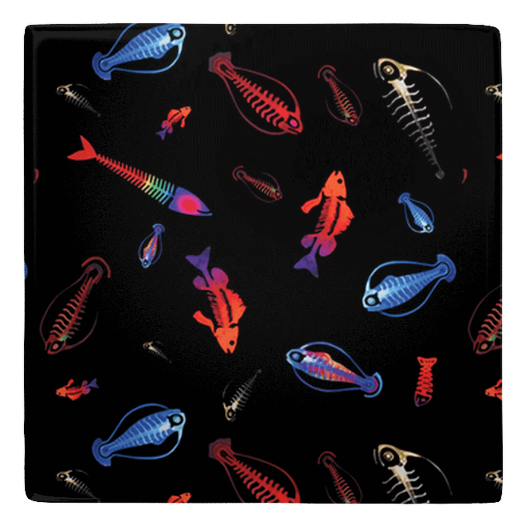 Colorful fish-shaped magnets with deep sea plankton design on black background, perfect for fun kitchen decor.