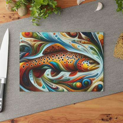 Psychedelic brown trout glass cutting board on a kitchen counter with a knife and herbs