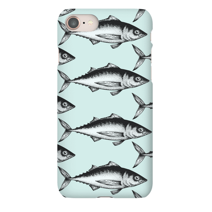 Phone case with vintage fish pattern on a light blue background