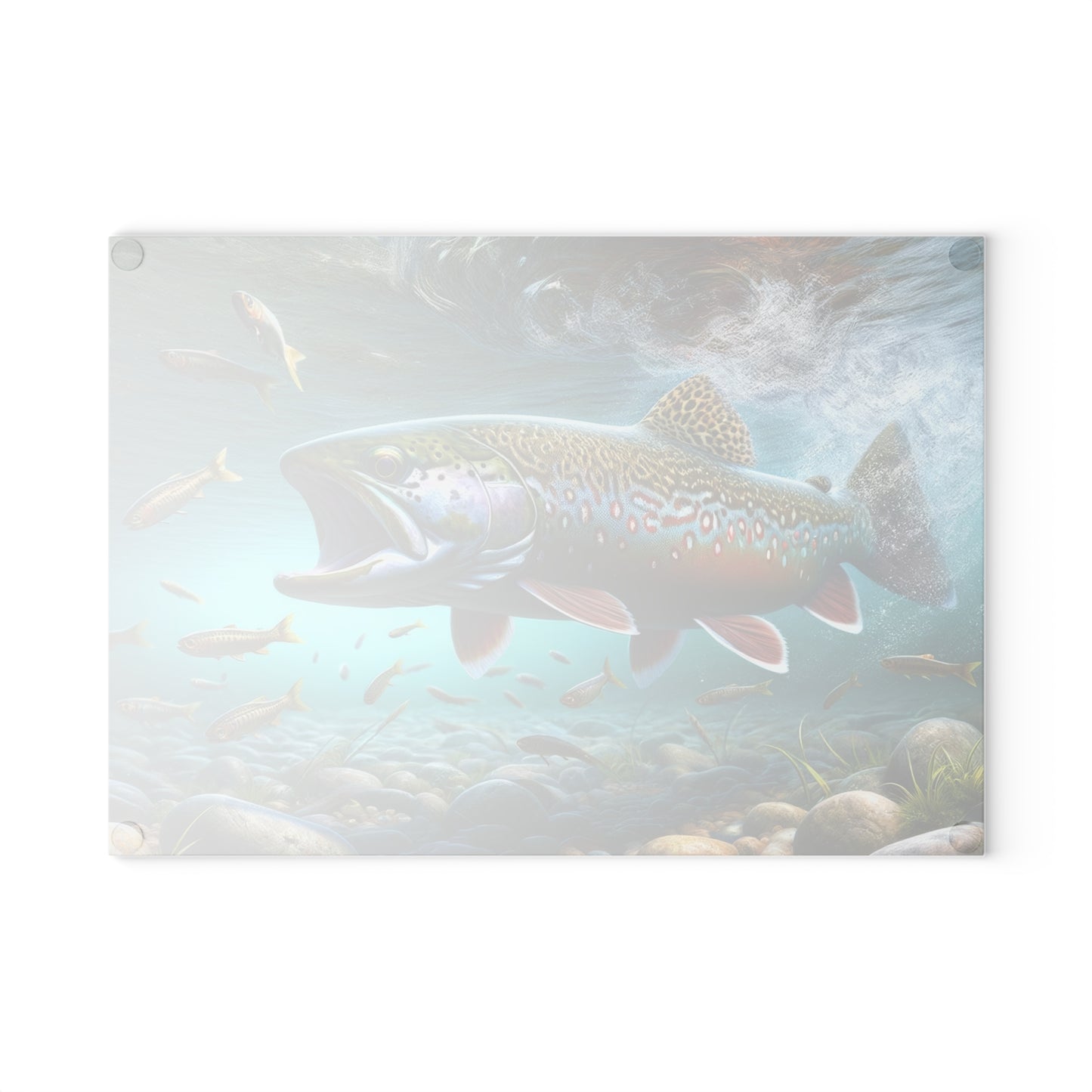 Brook Trout Glass Cutting Board with vibrant fish design, perfect for functional kitchen decor and food prep. Durable and scratch-resistant.