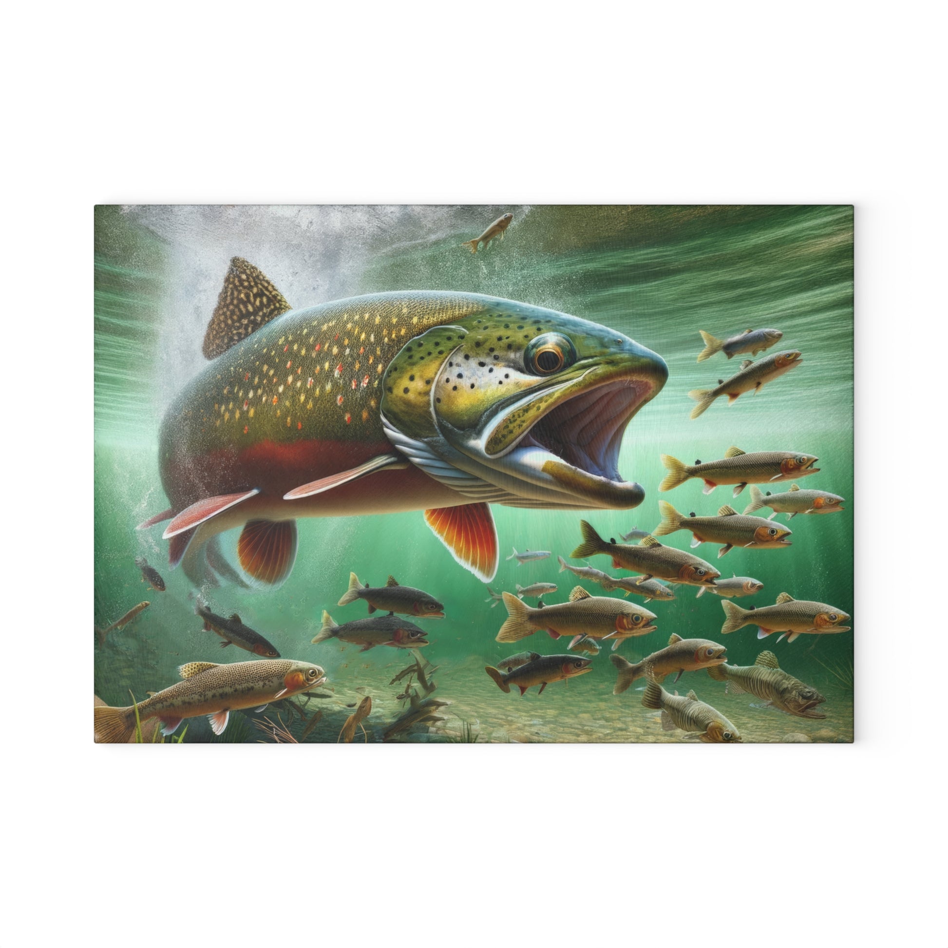 Brook Trout Glass Cutting Board with vibrant fish design, perfect for food prep and serving dishes, adds artistic touch to your kitchen.