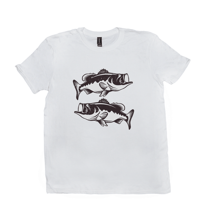 Largemouth Bass T-Shirt in white with dynamic black fish design, ideal for fishing and angling enthusiasts, made from 100% cotton for comfort and durability.