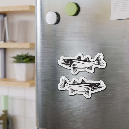 Snook fish shaped magnets on a fridge, adding fun kitchen décor for fishing fans.