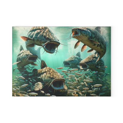 "Catfish Glass Cutting Board with vibrant fish design underwater scene"