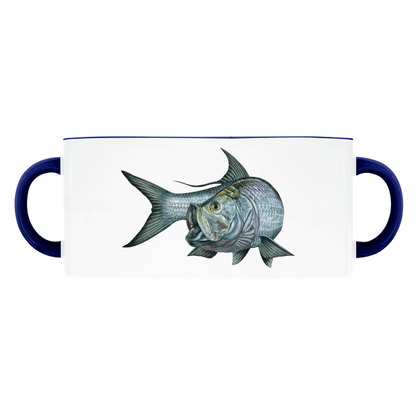 Double-handled mug featuring a detailed illustration of a fish, with blue-rimmed handles and a white background.