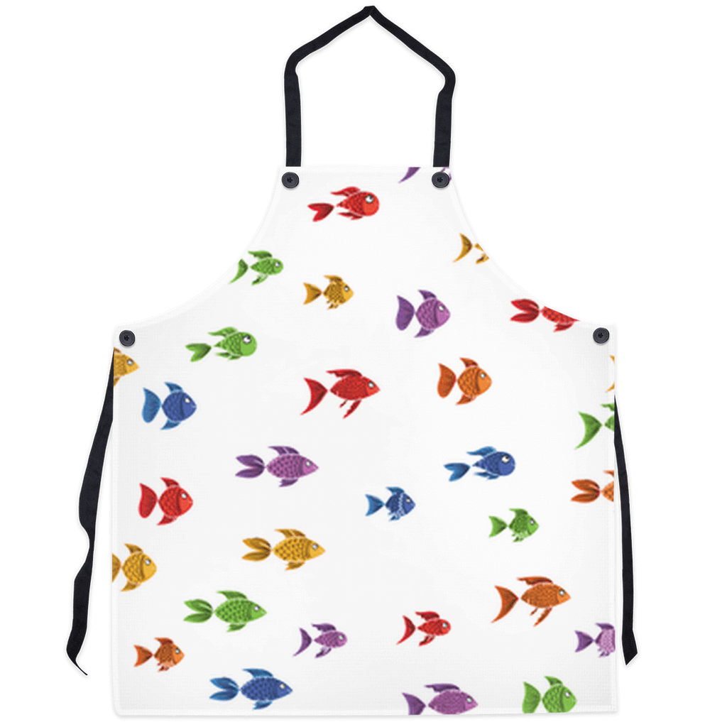 Vibrant colorful fish apron with playful ocean-themed design on a white background