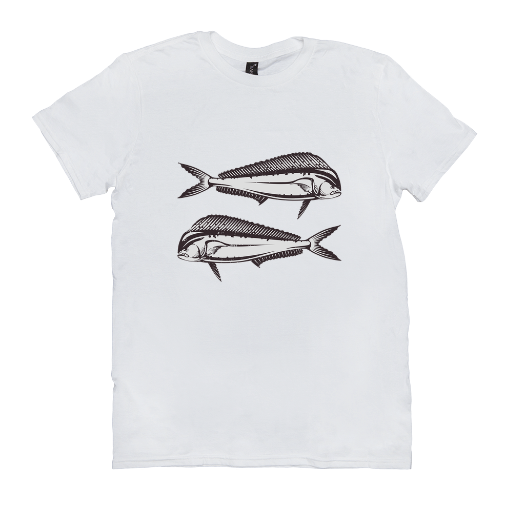 Mahi-Mahi T-Shirt with artistic black and white fish design, ideal for fishing and angling enthusiasts. Available in multiple colors.