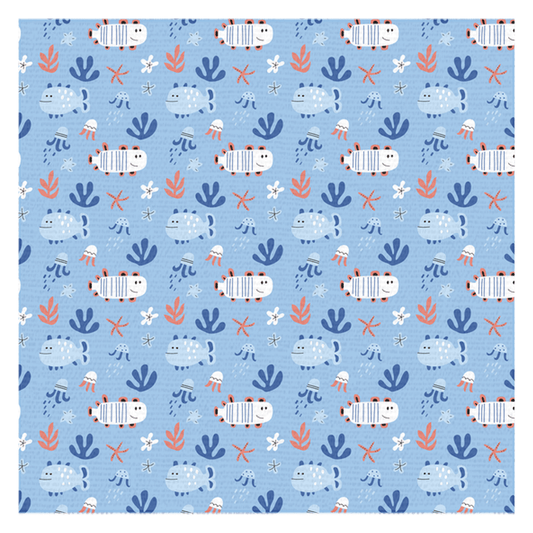 Cute fish decor tablecloth with colorful fish and ocean elements on a blue background. Ideal for festive gatherings or casual dining.