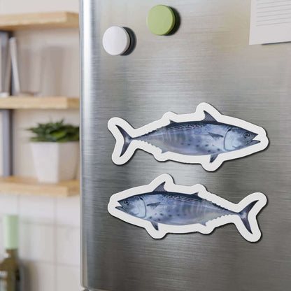 Little Tunny Tuna fish-shaped magnets on a refrigerator door, perfect fish décor for fishing enthusiasts and fun fridge magnets collectors.