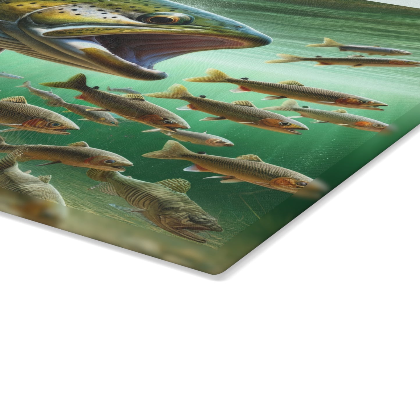 Vibrant Brook Trout Glass Cutting Board with fish design in green water