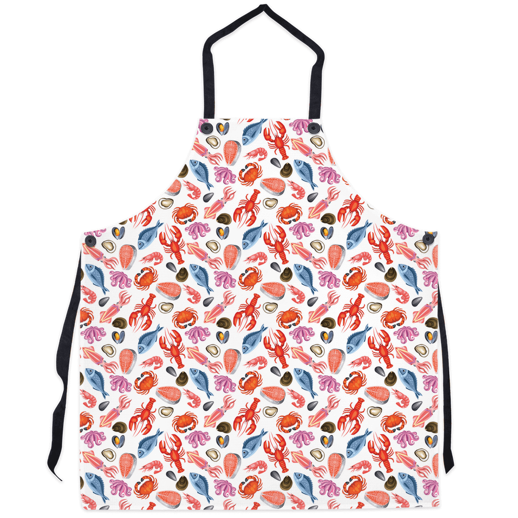 Vibrant seafood apron with colorful marine life design.