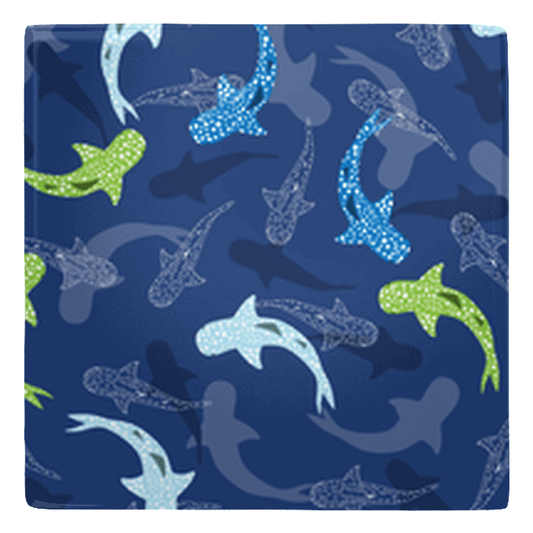 Blue reef sharks pattern metal magnet with vibrant ocean design, ideal fish shaped magnet for fridge decor.