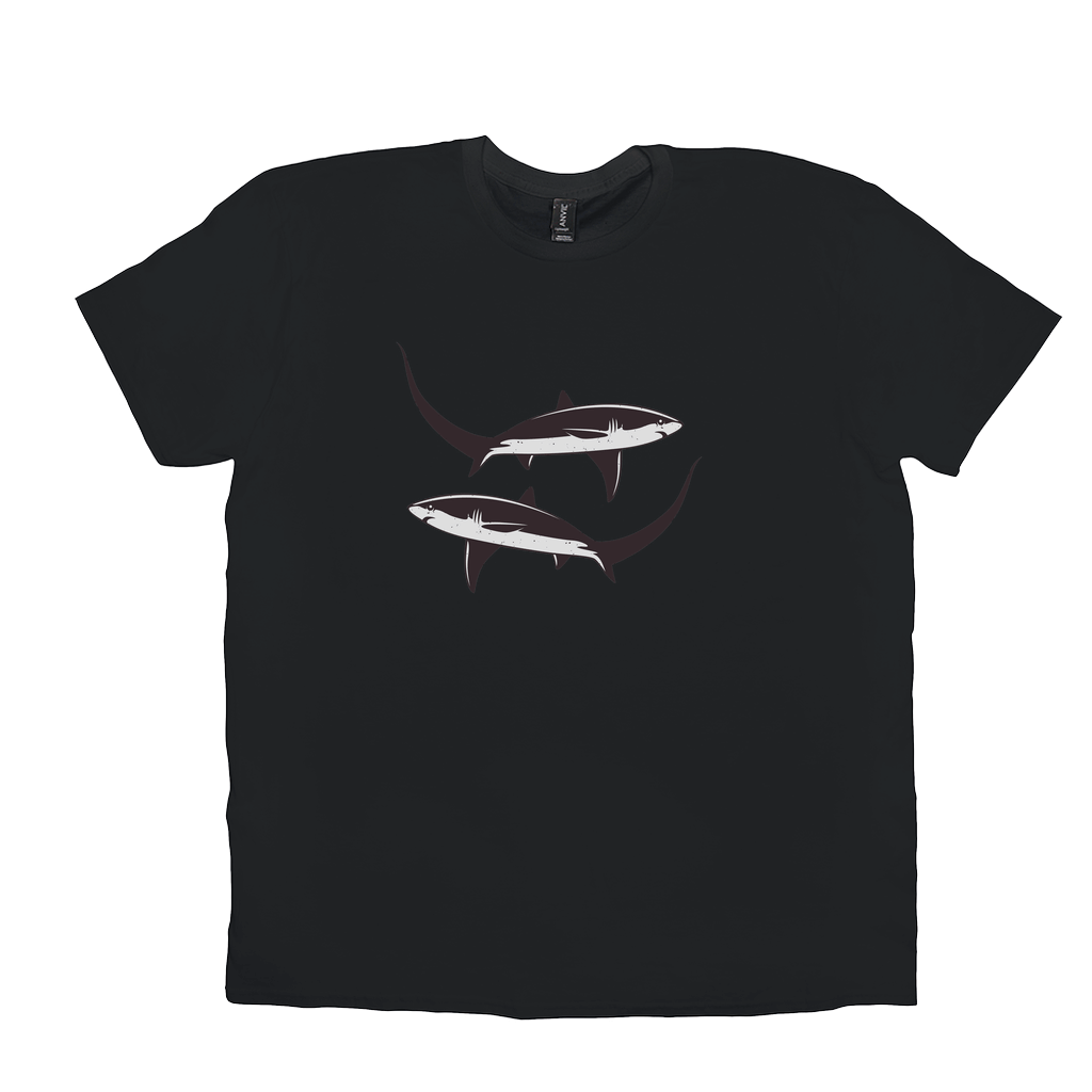 Thresher Shark T-Shirt with black and white design featuring the elongated tail of a Thresher shark, perfect for fish enthusiasts and anglers