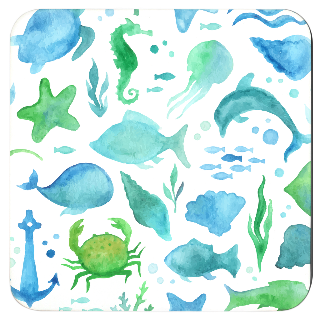 Sealife in Watercolor coasters pack of six. Coaster 1.