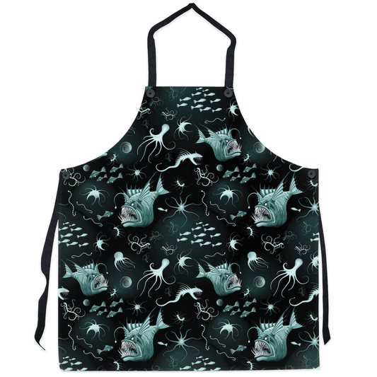 Anglerfish apron with deep-sea creatures design in dark ocean colors