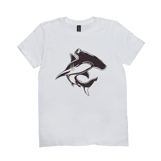 White Hammerhead Shark T-Shirt with black and white shark design, perfect for fish, fishing, and angling enthusiasts.