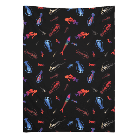 Vibrant glowing skeleton fish deep sea wall tapestry, perfect fish decor for adding style and color to any room.