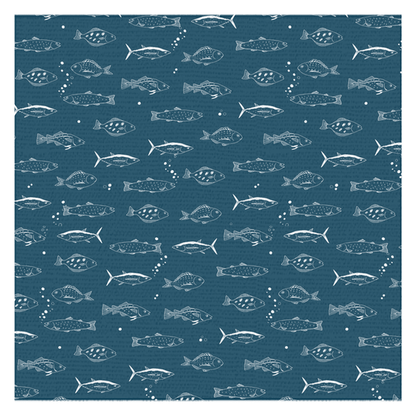 Blue tablecloth with white fish sketches, perfect for adding aquatic flair to dining spaces.