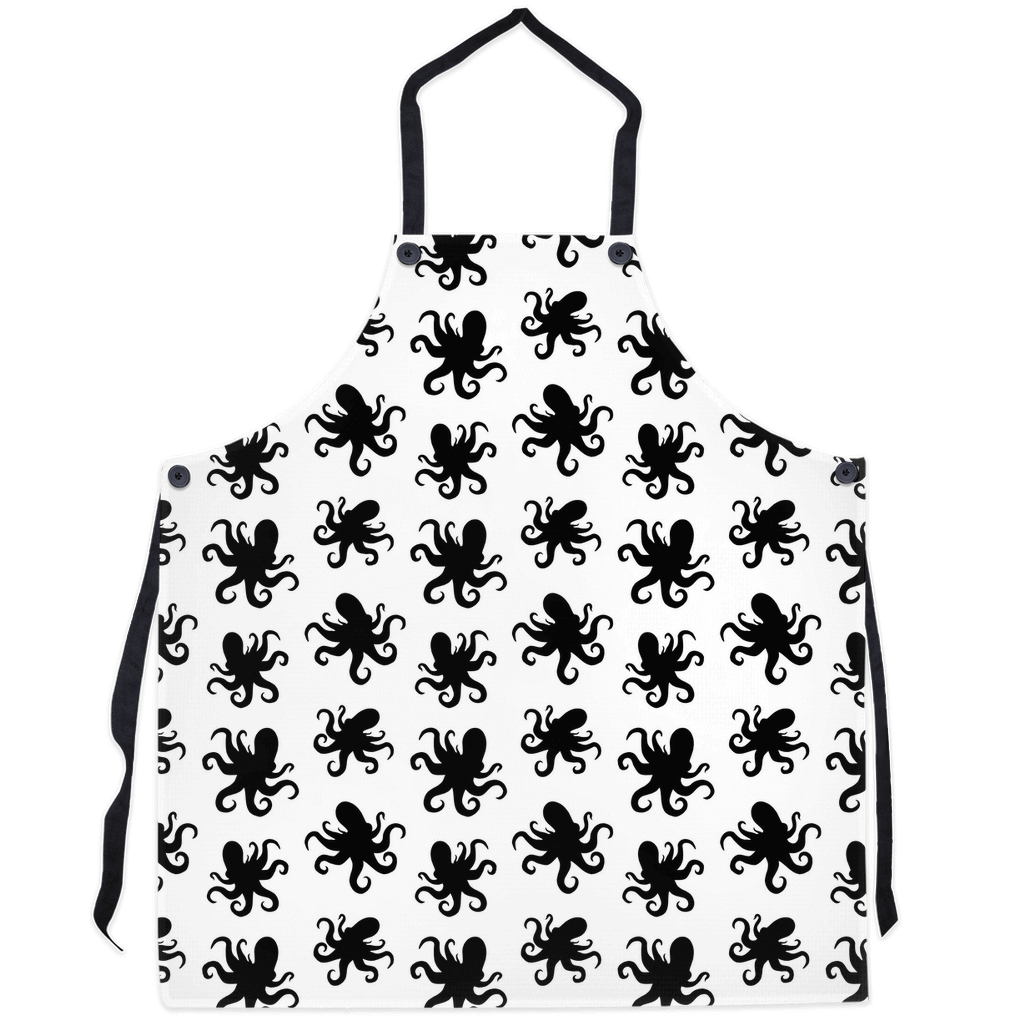 Stylish white apron with black octopus pattern for ocean lovers and home chefs.