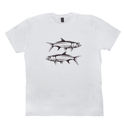 White Tarpon T-Shirt featuring dynamic black and white game fish design, perfect for fishing and angling enthusiasts, made from 100% cotton.