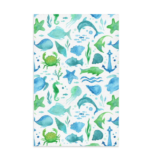 Blue green watercolor sealife dish towel with serene coastal marine illustrations featuring soft hues of ocean-inspired creatures.