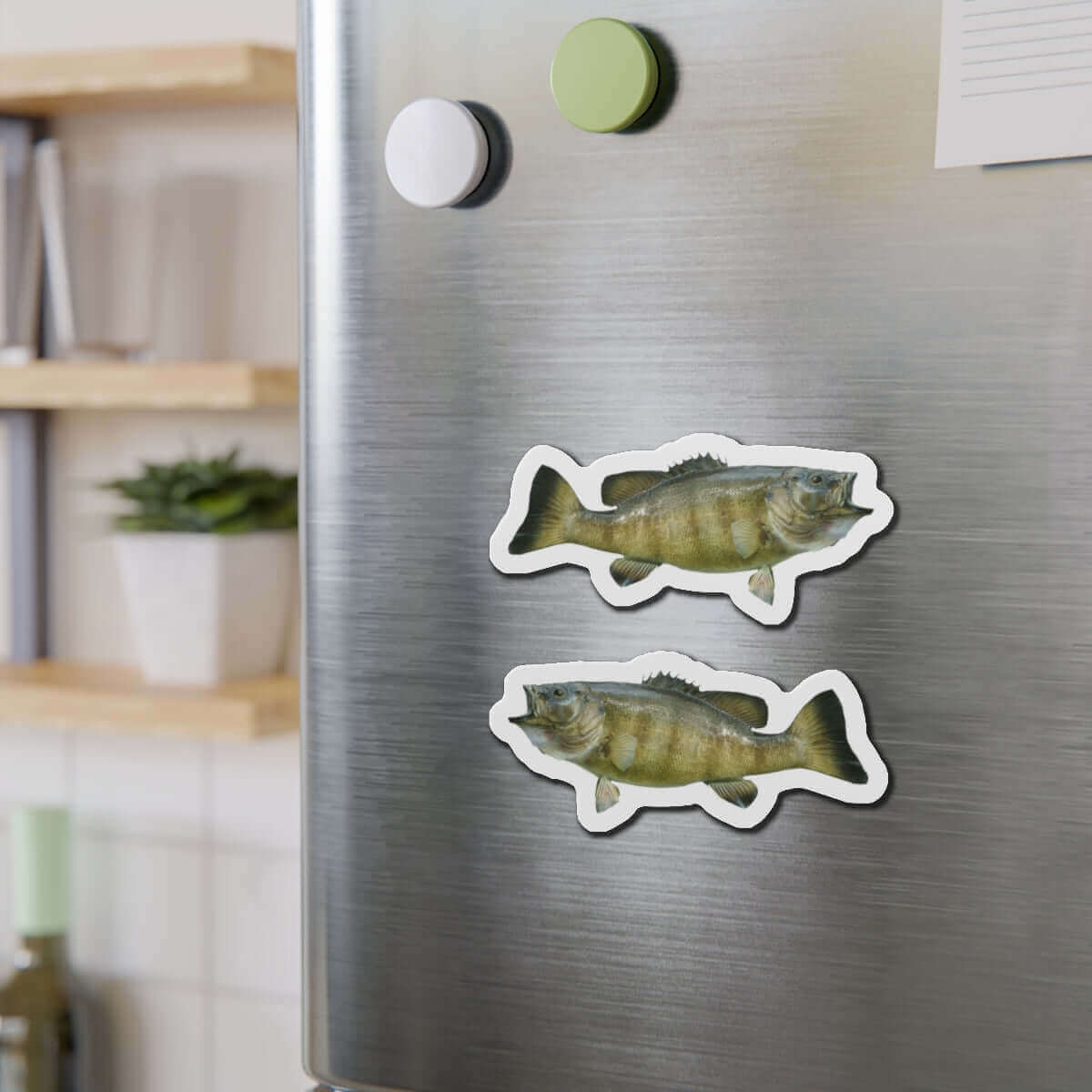 Smallmouth Bass fish shaped magnets on a fridge, adding a touch of fish décor to the kitchen.