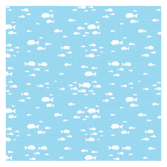 Light blue tablecloth with white fish pattern for a fresh and aquatic dining table look.