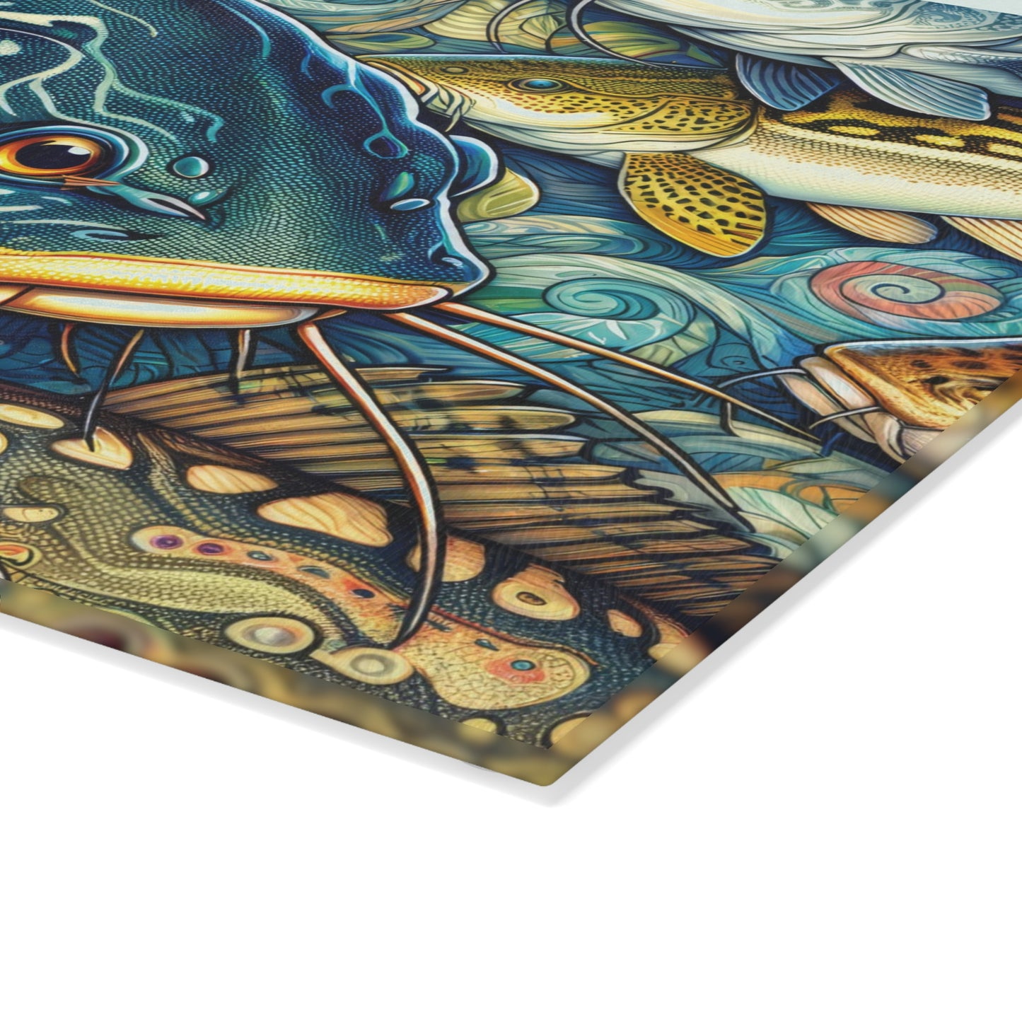 Vibrant catfish art on durable glass cutting board with intricate fish design