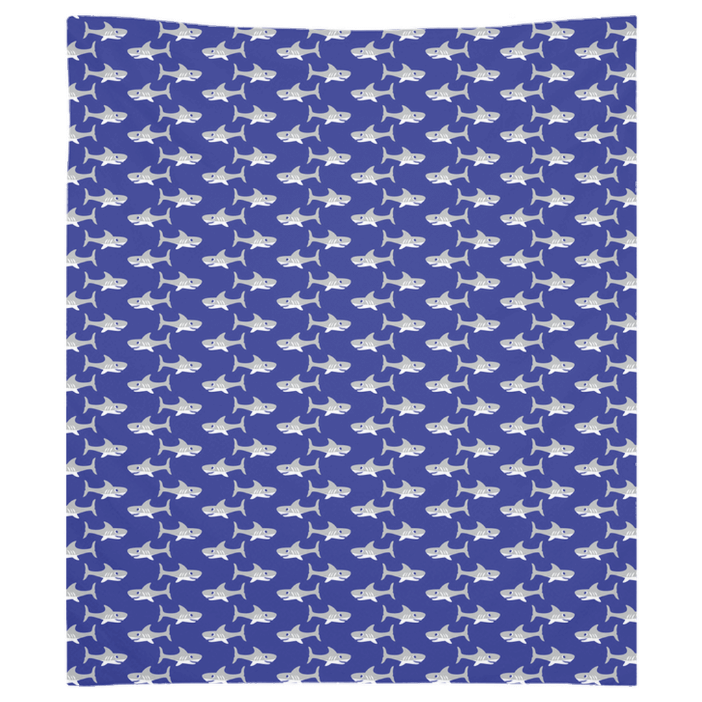 Cute shark pattern wall tapestry with blue background, perfect fish décor for a stylish home.