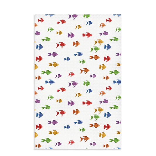 Colorful fish dish towel with lively ocean-inspired design.