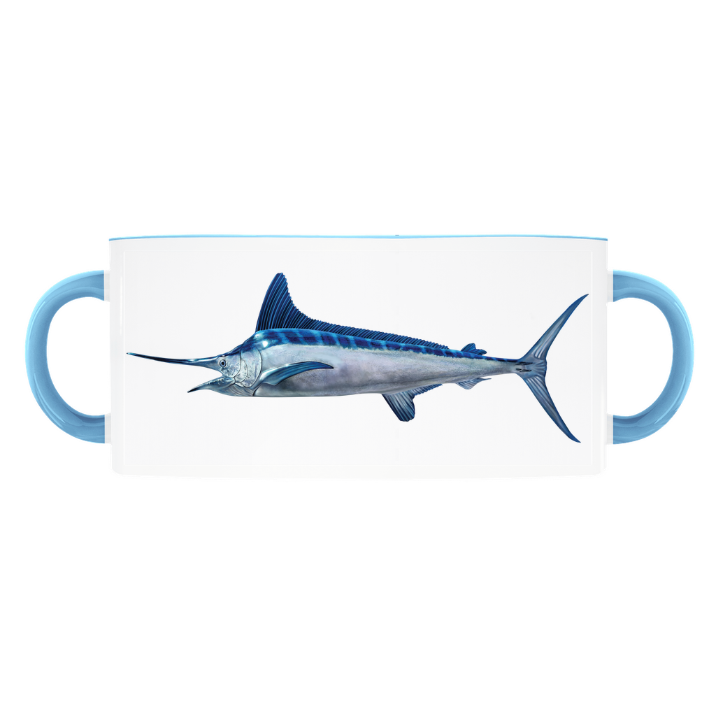 White Marlin accent mug with light blue handle and rim on white background.