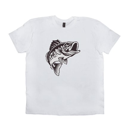 Smallmouth Bass T-Shirt with black and white fish design, ideal for angling and fishing enthusiasts