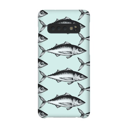 Smartphone case with black and white fish pattern on a turquoise background