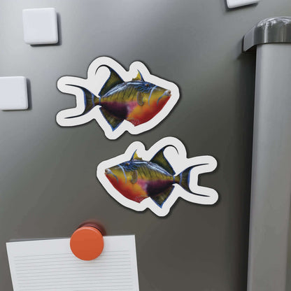 Triggerfish shaped magnets on fridge, showcasing vibrant fish décor for fishing fans and fun kitchen magnets enthusiasts.