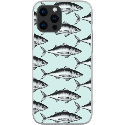 Phone case with fish pattern on a light blue background