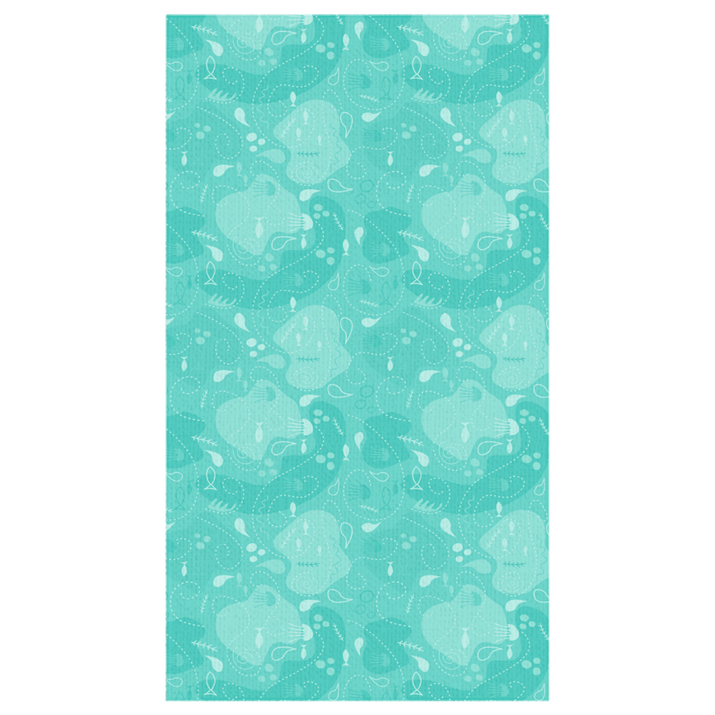 Blue green fish and jellyfish tablecloth with aquatic design, perfect for coastal-themed dining.