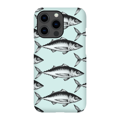 Stylish iPhone case with black and white fish pattern on a light blue background.